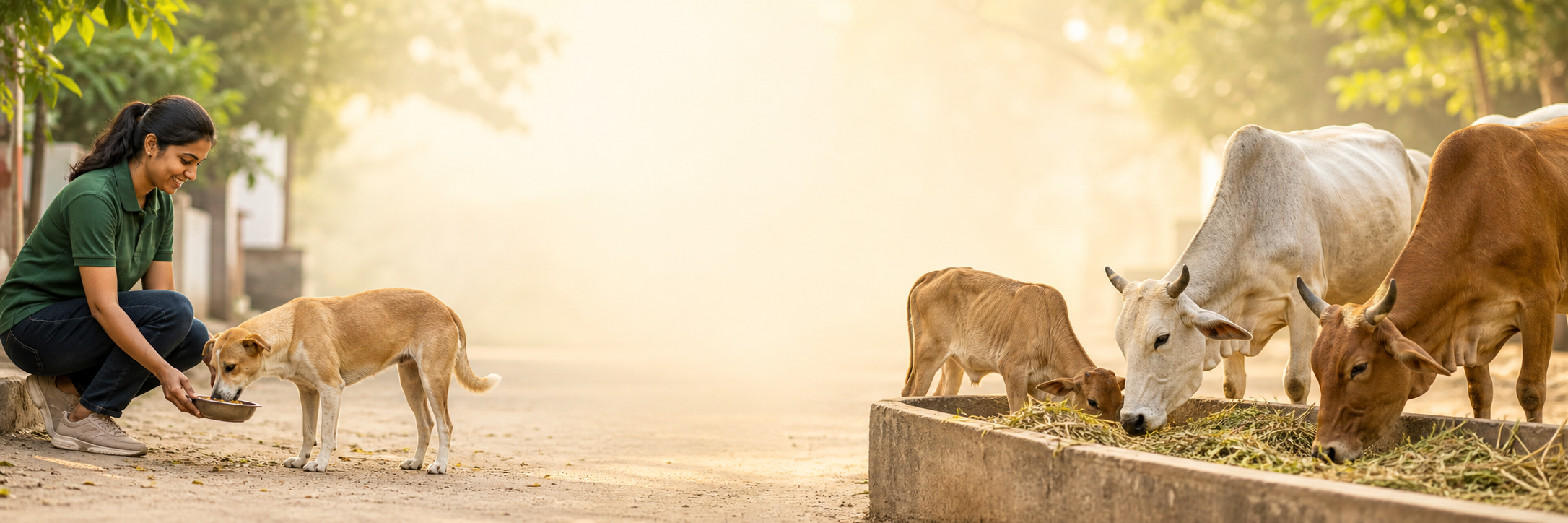 PURE VITA Foundation feeding a street dog while cows eat fodder